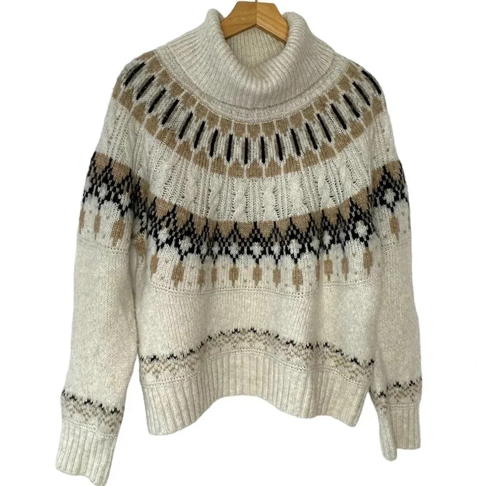 Fair Isle Pattern Cowl Neck Sweater Pullover Neutral Tones